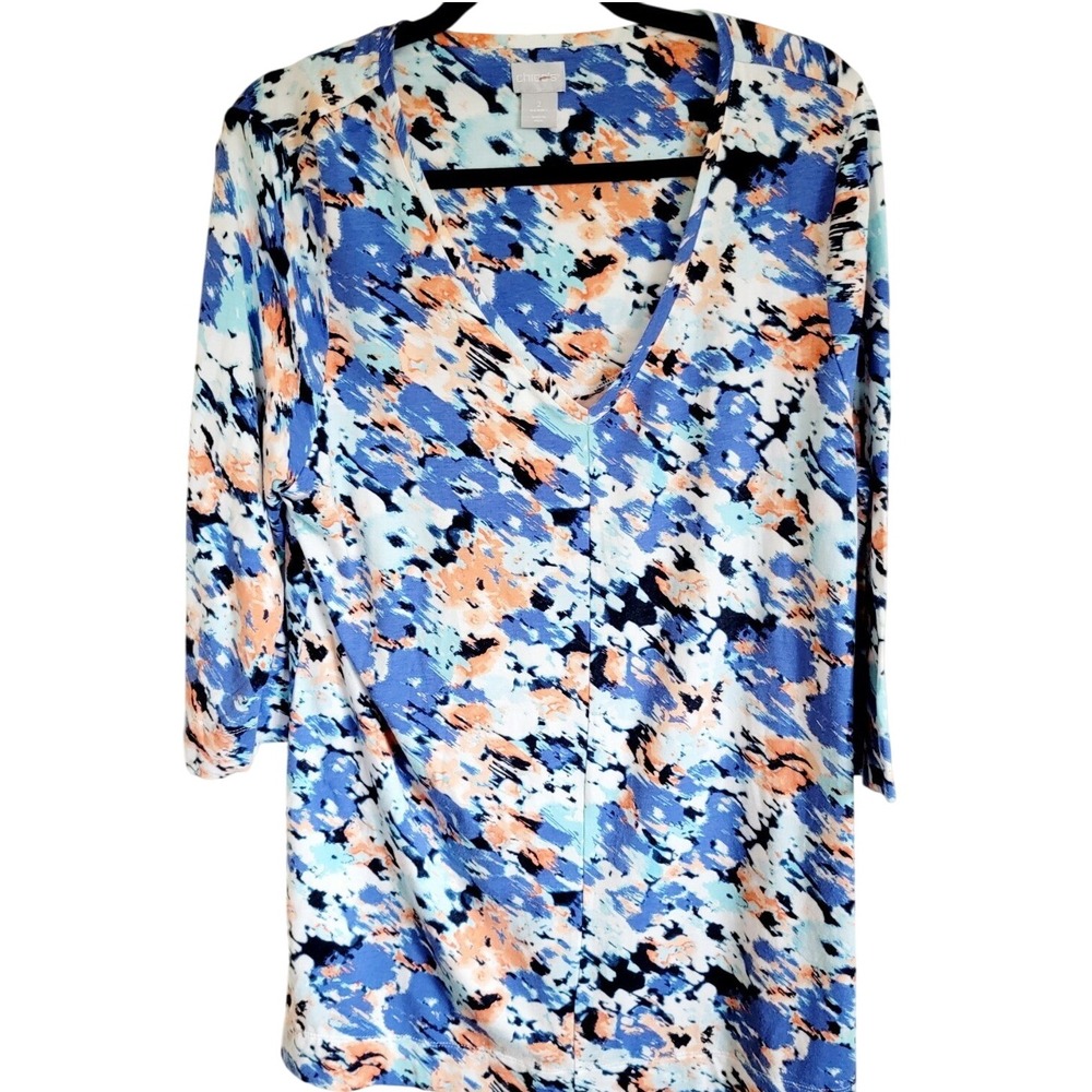 Chico's 2 Multi Blue Swing Top 3/4 Sleeve V-Neck‎ Cotton Pullover Side Slits NEW